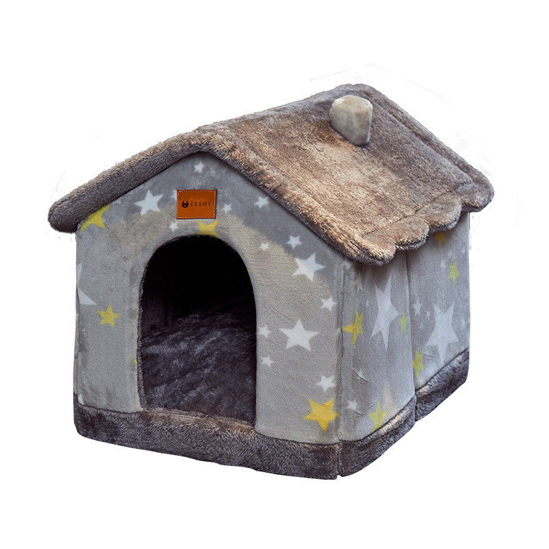 Gray indoor pet house with soft roof and star pattern design – cozy foldable bed for cats and small dogs.