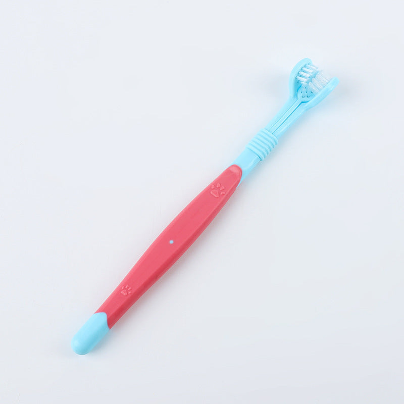 Blue and pink double-headed pet toothbrush with paw design – dental care brush for dogs and cats.