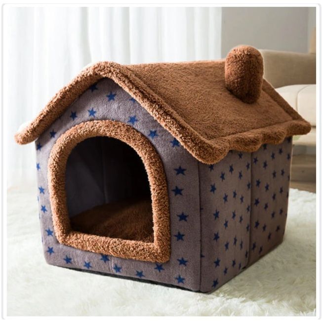 Brown indoor pet house with soft roof and star pattern walls – cozy foldable bed for small cats and dogs.