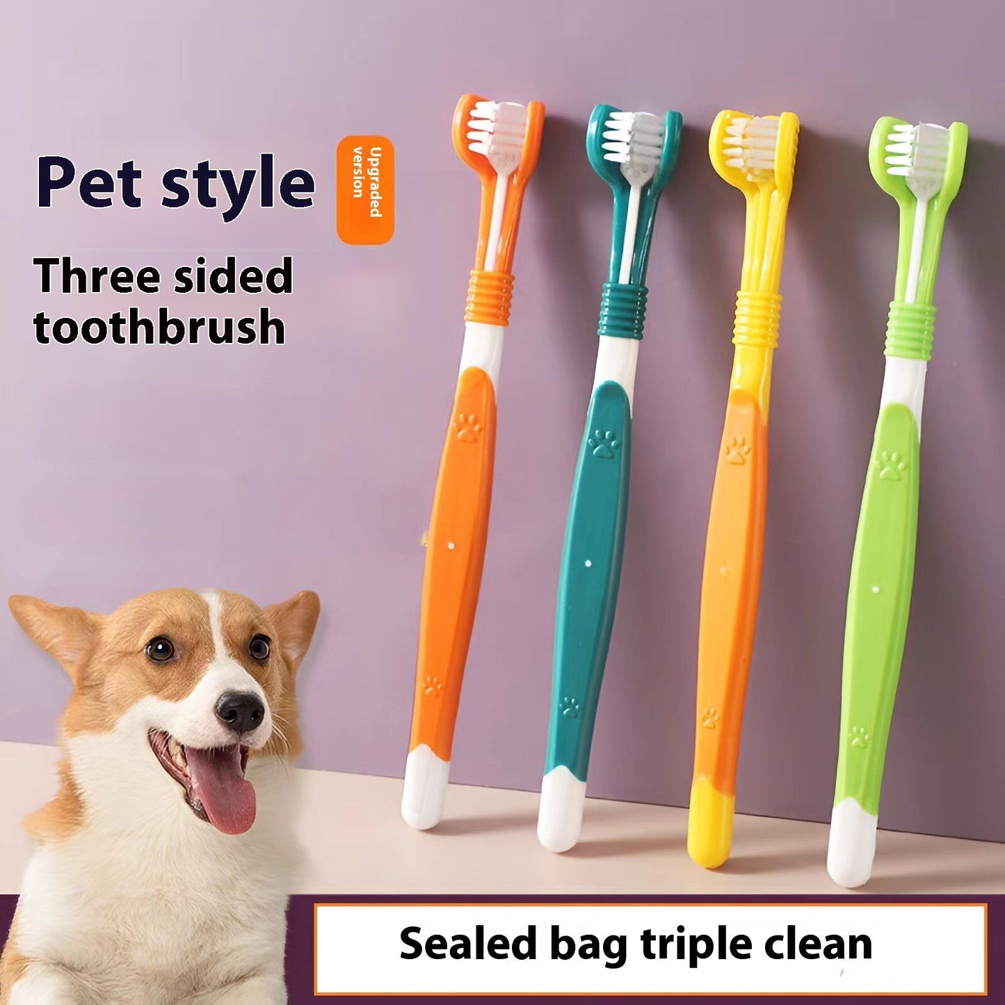 A selection of colorful three-sided pet toothbrushes in various colors including orange, green, yellow, and blue, displayed with a corgi dog in the background. The toothbrushes are designed for pet use and come in a sealed bag for hygiene.