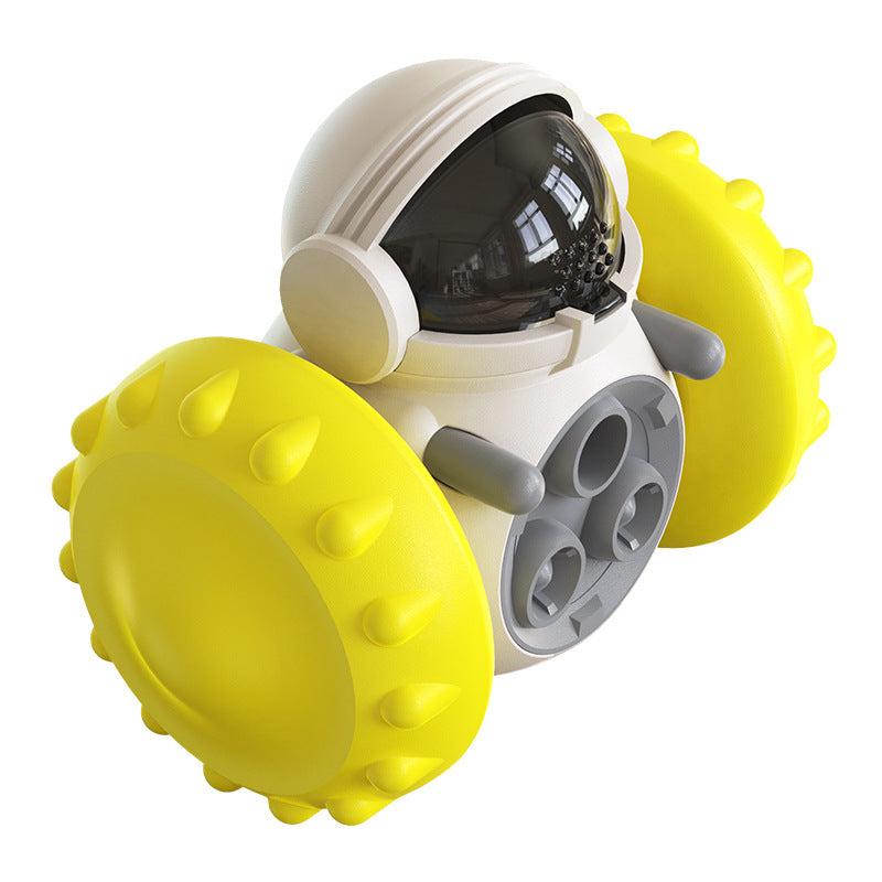 Interactive astronaut-shaped treat dispenser toy for pets – yellow rolling tumbler for cats and dogs that releases food while playing