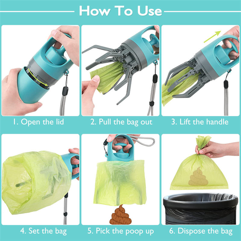 Step by step instructions showing how to use the dog pooper scooper with waste bags for hygienic pet cleanup