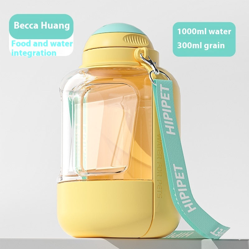 Yellow pet water bottle with a strap labeled 'HIPIPET' on a white background.