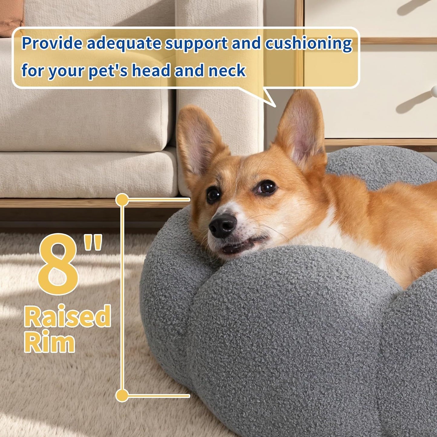 Fluffy Calming Pet Bed for Cats & Small Dogs – Round Flower Donut in Teddy Sherpa | Anti-Slip & Machine Washable
