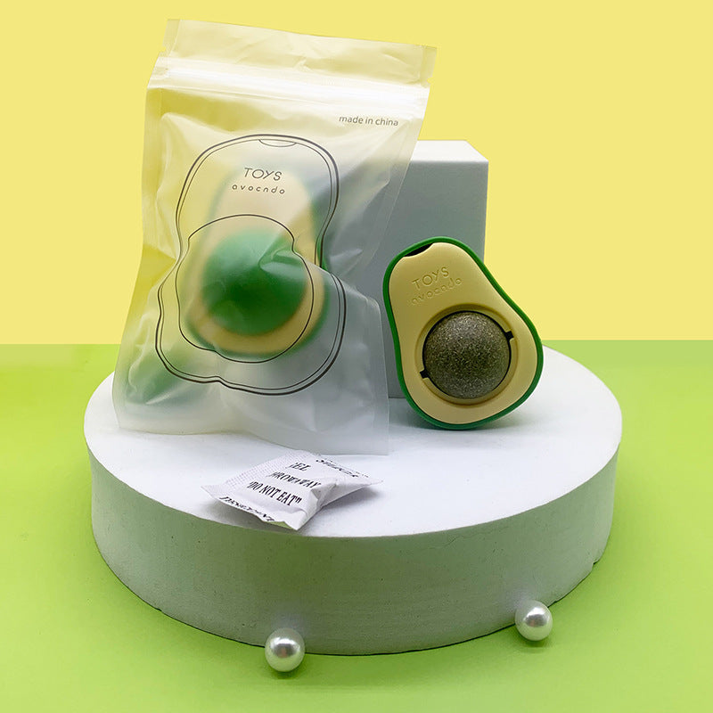 Avocado catnip ball toy set with packaging — interactive 360° rotating toy made with natural mint for cats’ dental health and fun.
