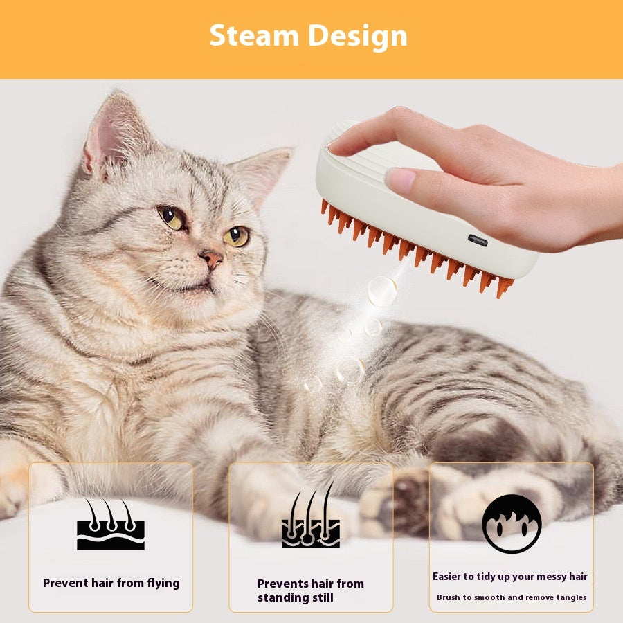 Cat being groomed with steam design pet brush – silicone comb prevents flying hair, reduces static, and removes tangles.