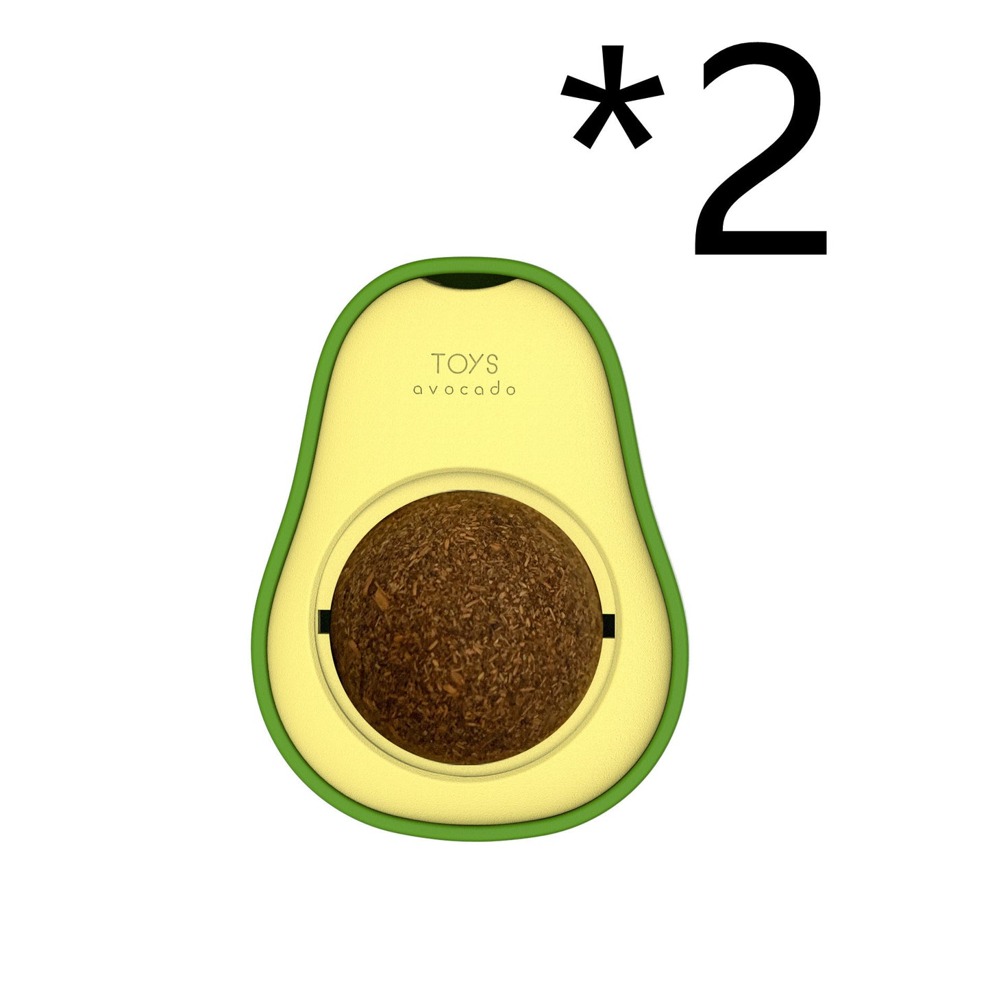 Interactive cat toy designed as a green avocado with a black and green catnip ball in the center, with a small orange kitten beside it.