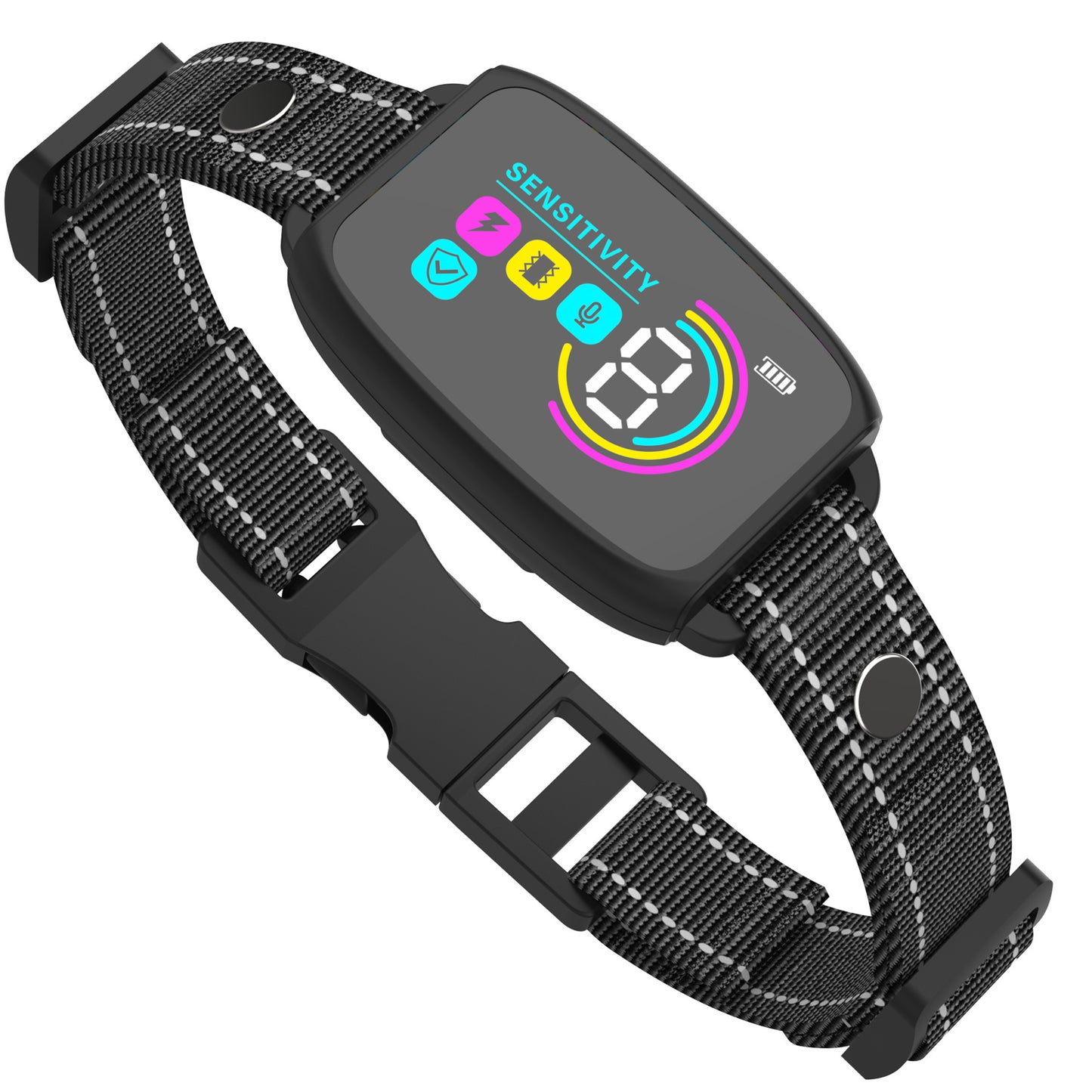 Smart anti-bark dog collar with adjustable strap and LCD screen showing sensitivity levels, training modes, and battery indicator