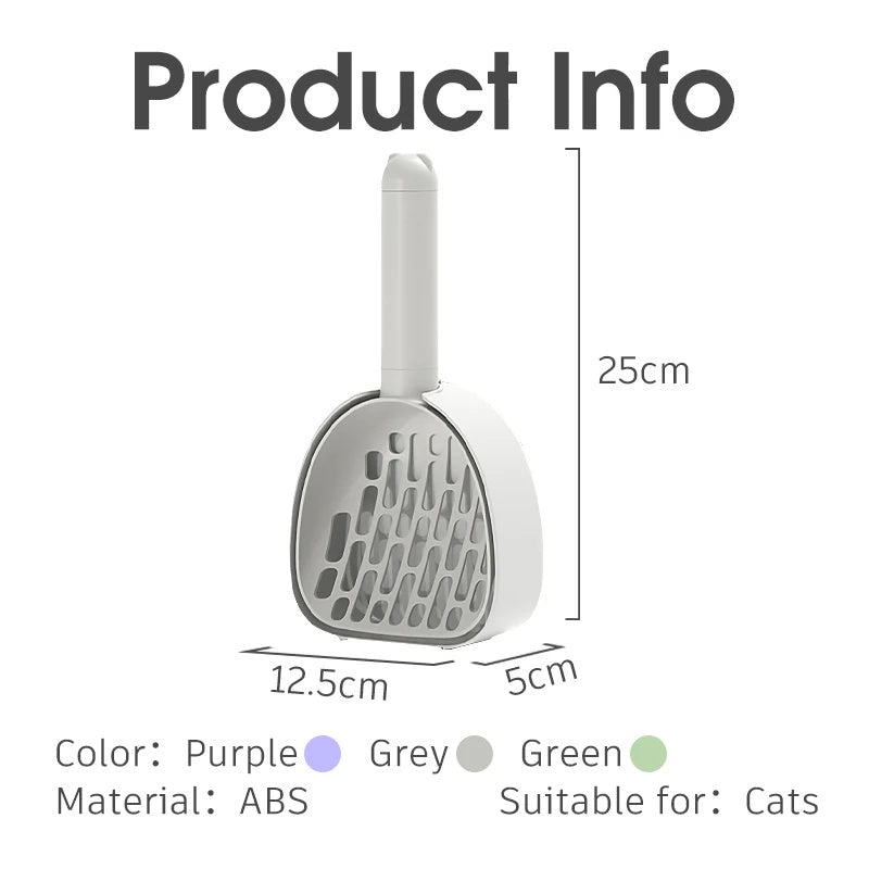 Cat litter scoop product info with dimensions 25x12.5x5 cm, available in purple, grey and green, made of durable ABS plastic
