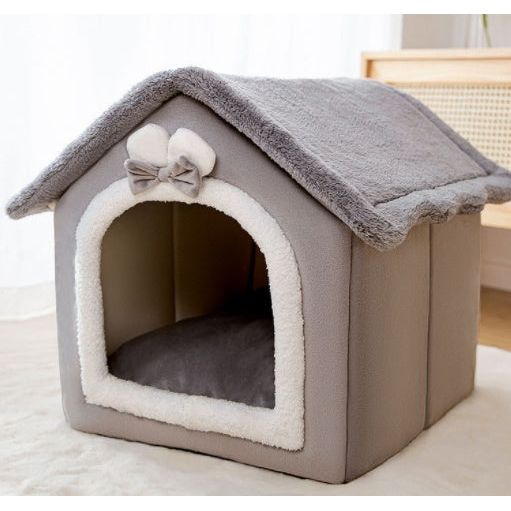 Gray indoor pet house with plush roof and decorative bow – cozy foldable bed for cats and small dogs.