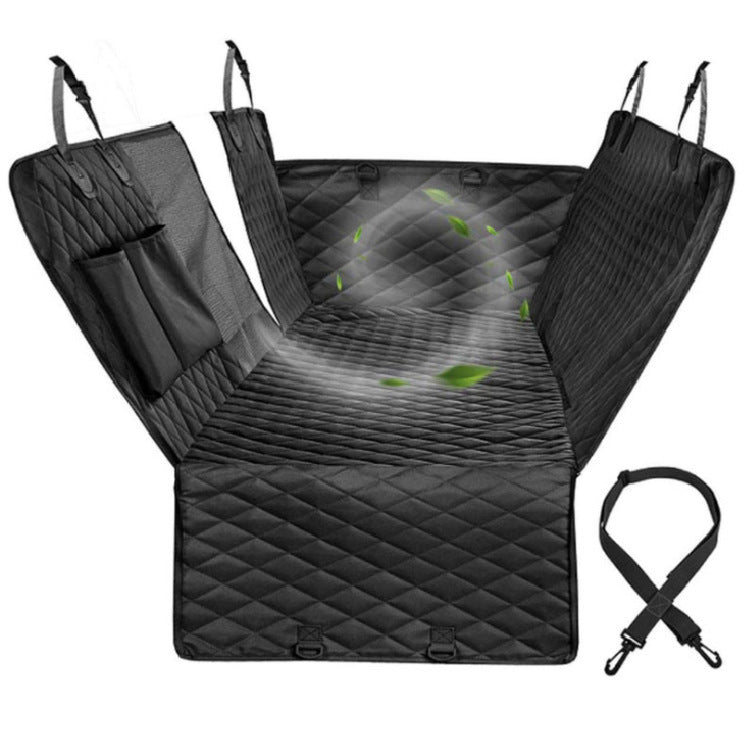 Waterproof quilted dog car seat cover with side flaps and safety belt — protects car interior from dirt, scratches, and fur.