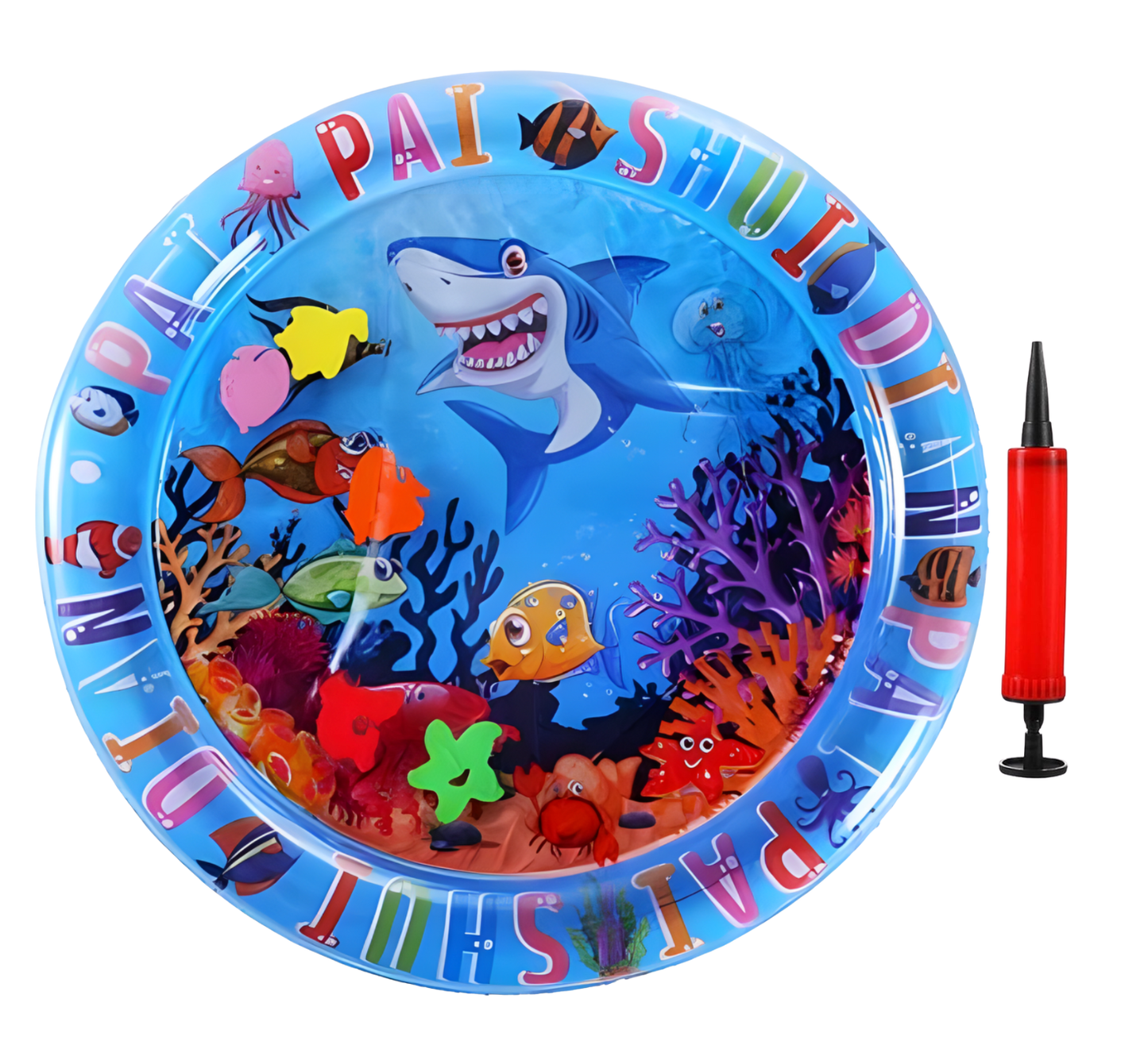 Children's inflatable pool with underwater scene and pump on a white background