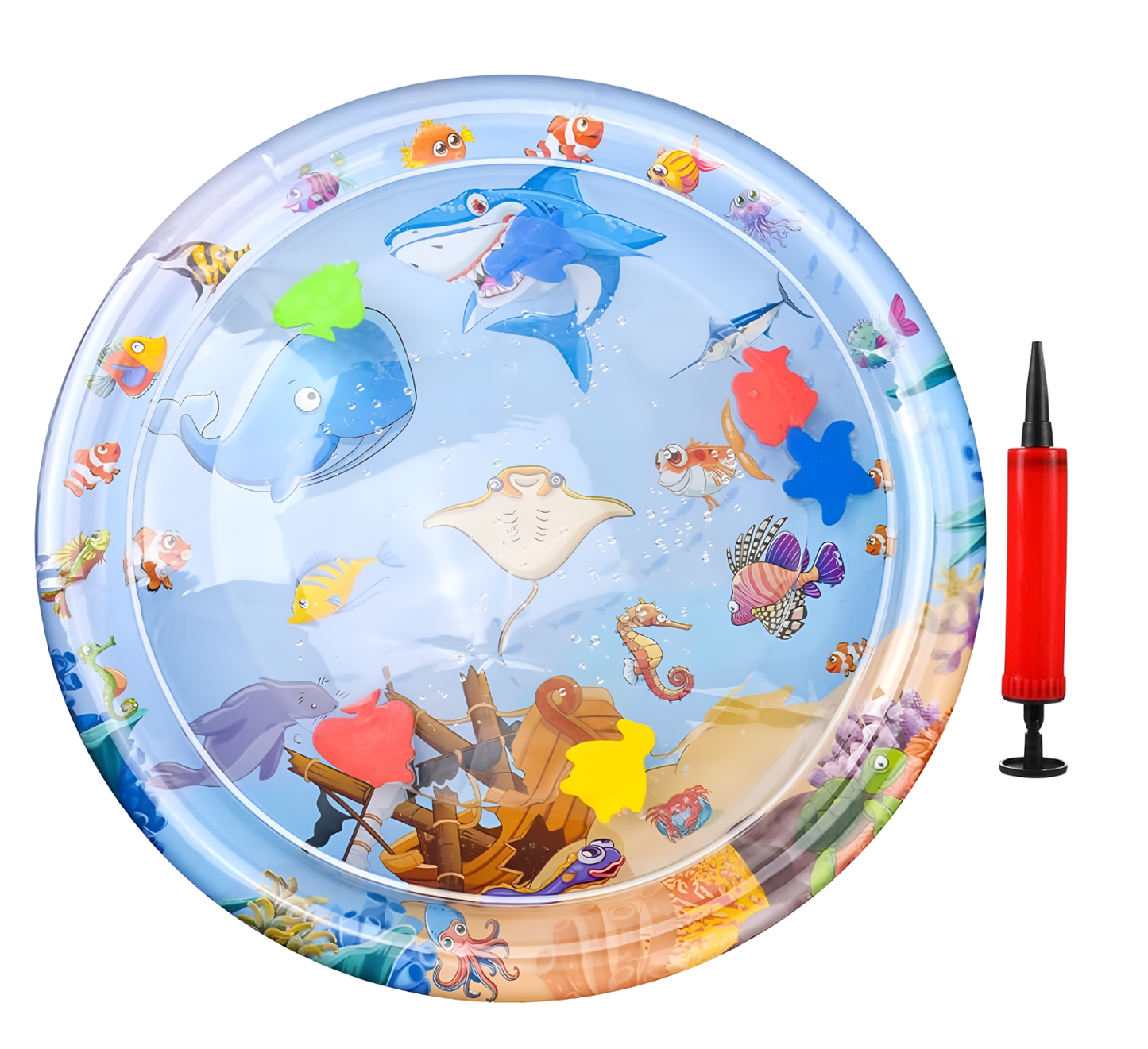 Inflatable pool with ocean-themed design and pump on a white background