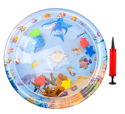 Inflatable pool with ocean-themed design and pump on a white background