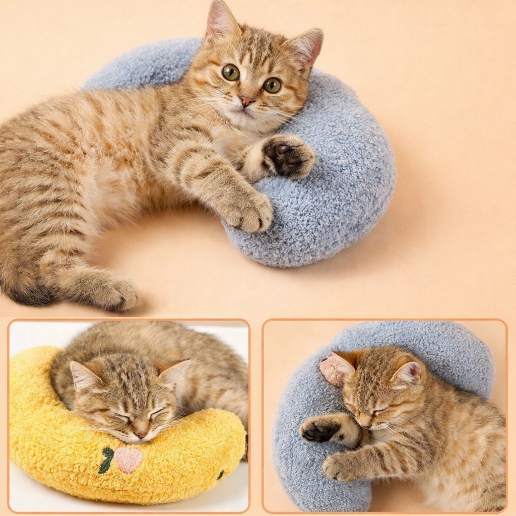 Three images of a cat resting on different colored donut-shaped pet beds.