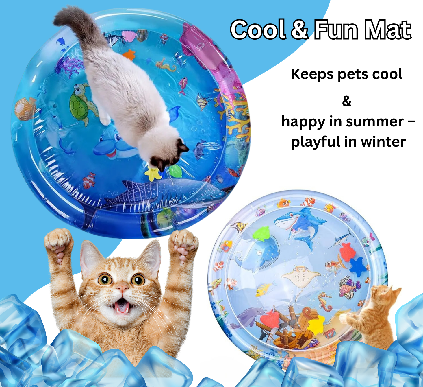 Inflatable pool with cat design, featuring text about keeping pets cool and happy in summer.