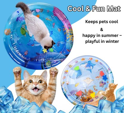Inflatable pool with cat design, featuring text about keeping pets cool and happy in summer.