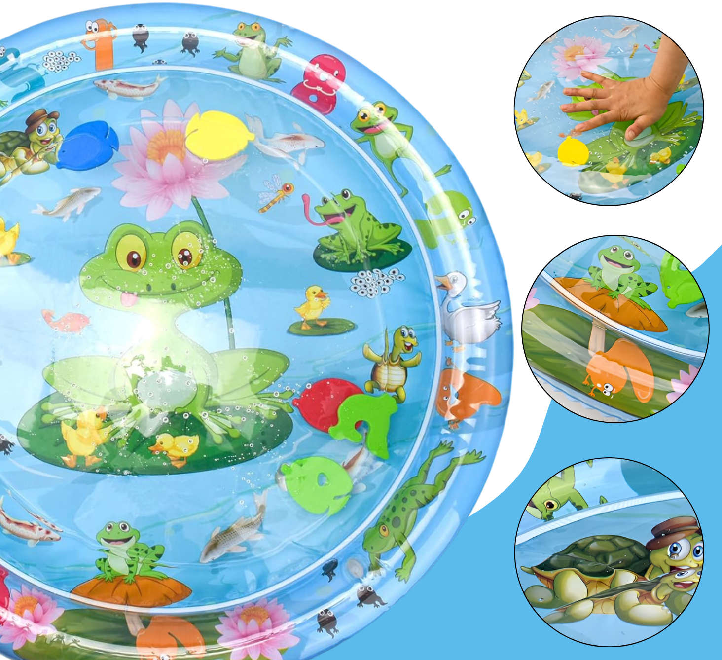 Children's inflatable play center with cartoon animals and plants on a blue background