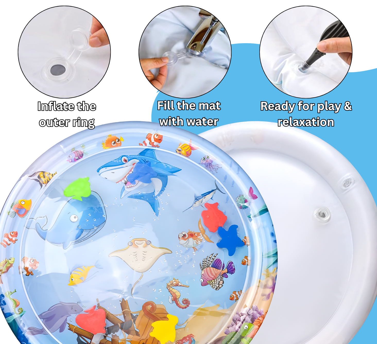 Inflatable play mat with ocean-themed design, steps to inflate and fill, on a blue background.