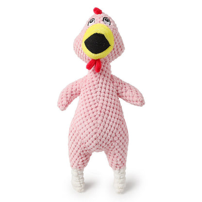 Pink knitted chicken toy on a white background