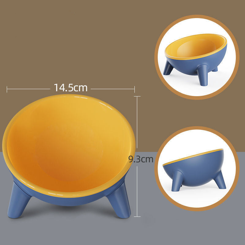 Yellow and blue stool with dimensions on a brown and gray gradient background