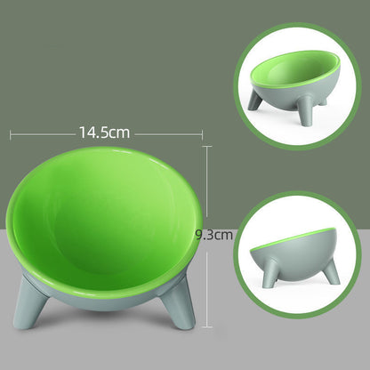Green and gray pet bowl with measurements on a gray background