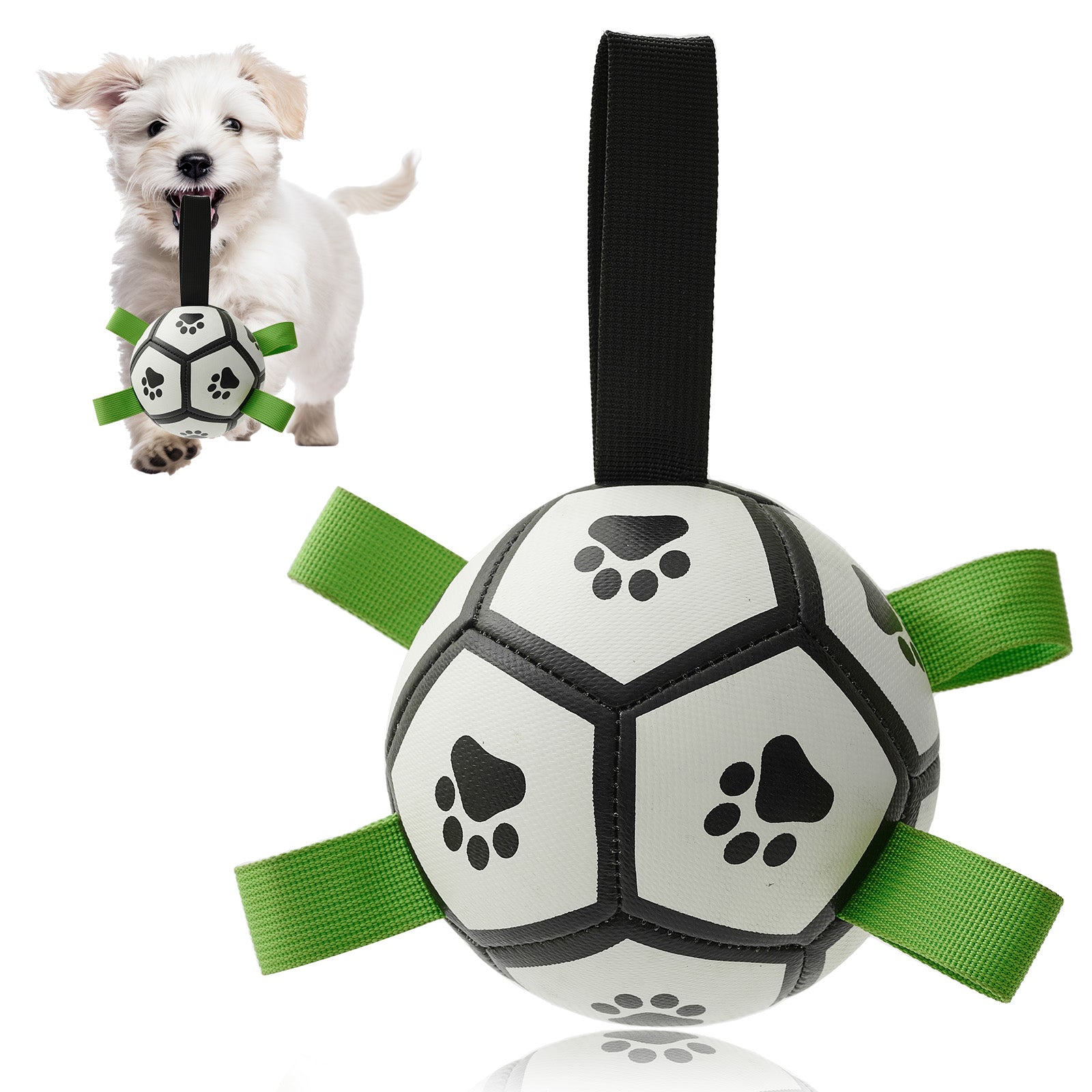 Dog toy resembling a soccer ball with paw prints and green straps, next to a small dog holding onto it.
