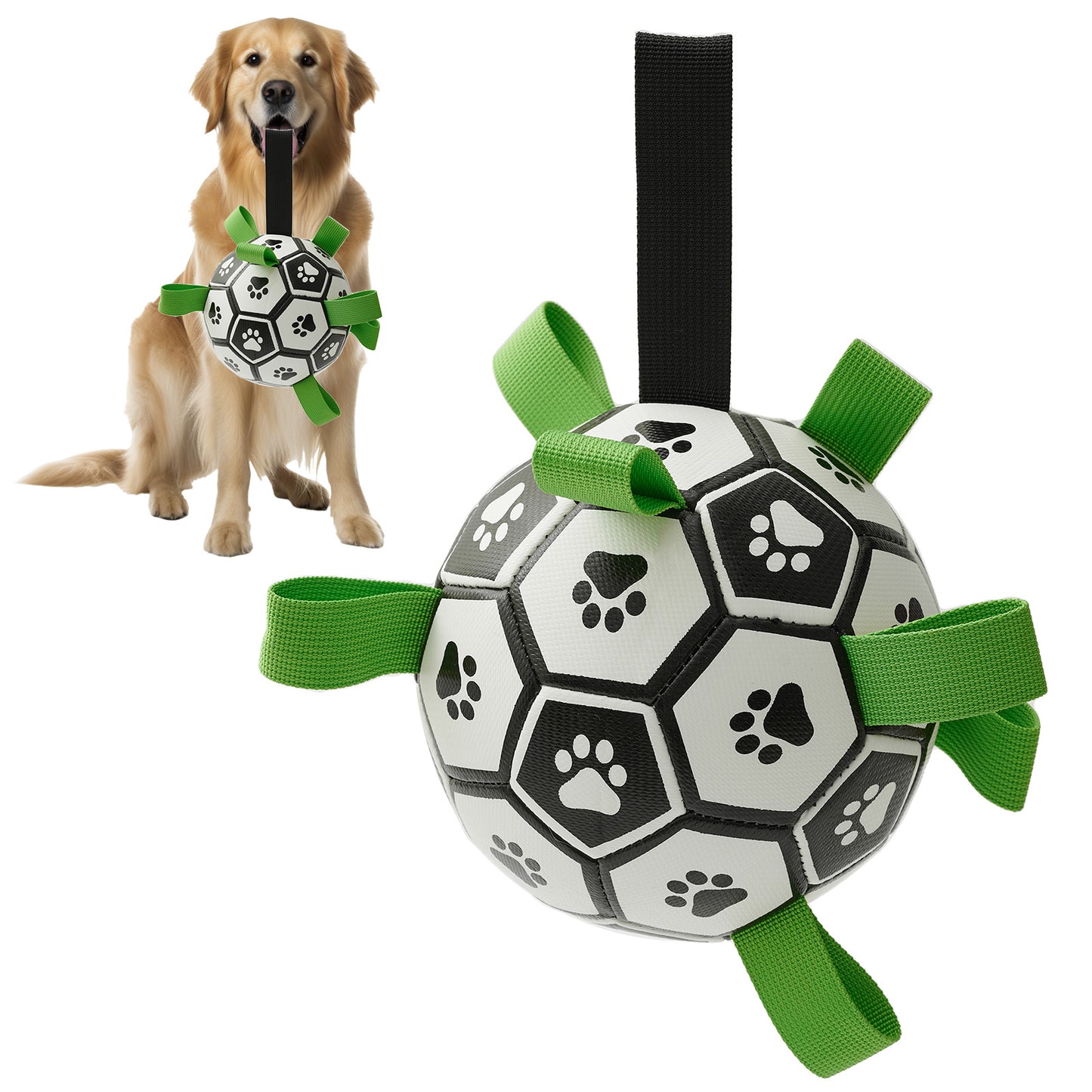 Dog toy resembling a soccer ball with paw prints and green handles, next to a dog holding a similar toy.