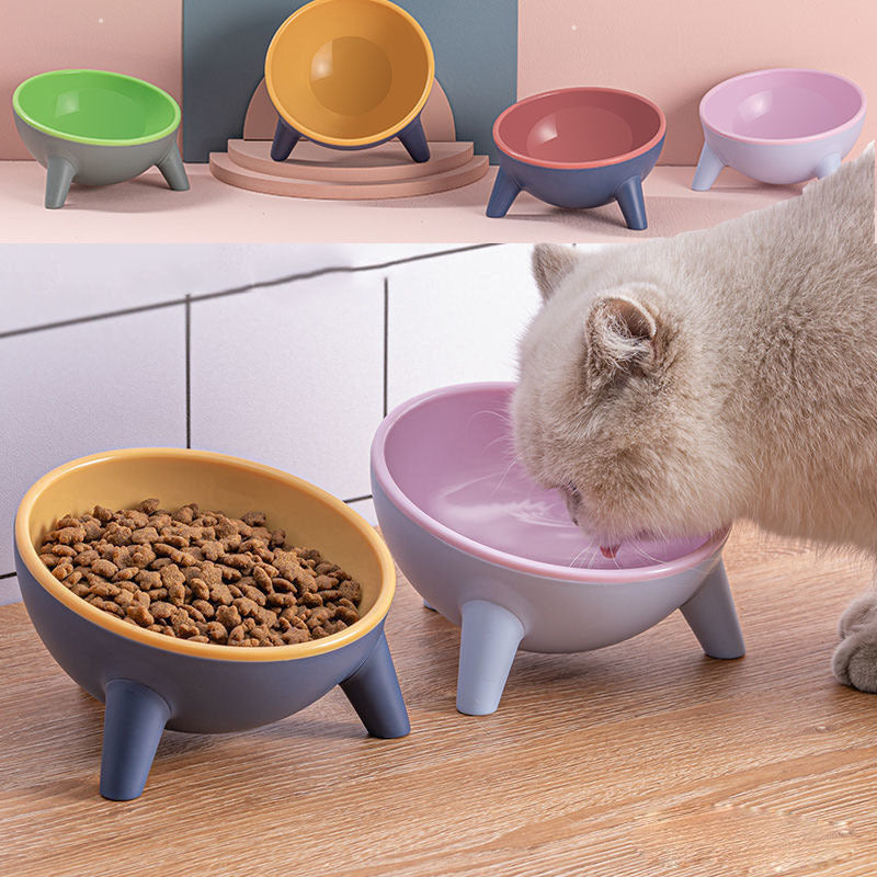 Colorful pet bowls with a cat drinking from a pink bowl on a wooden floor.