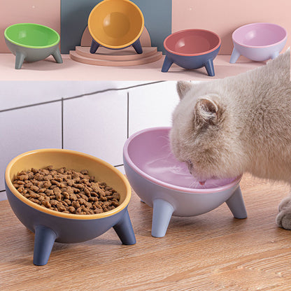Colorful pet bowls with a cat drinking from a pink bowl on a wooden floor.