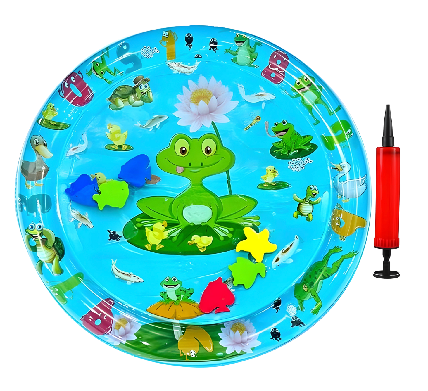Children's inflatable pool with frog and turtle design and pump on a white background