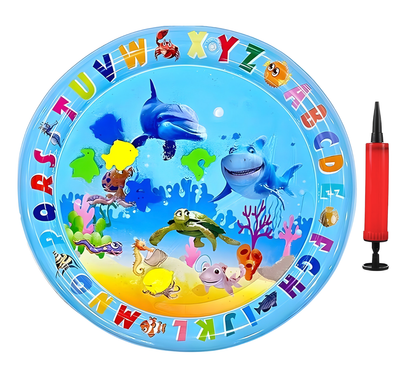Inflatable pool toy with underwater sea creatures and alphabet letters, including a pump.