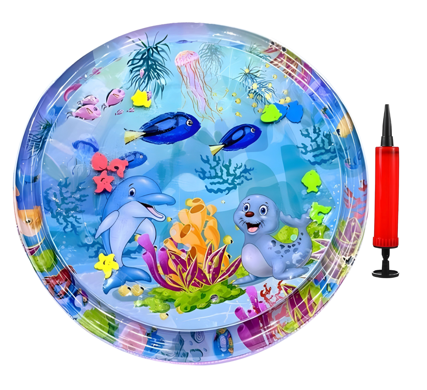 Inflatable pool toy with ocean-themed design featuring dolphins and fish, accompanied by a pump.