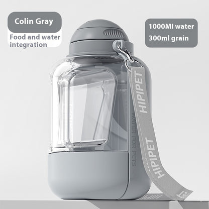 Gray pet water bottle with a strap labeled 'HIPPET' on a white background