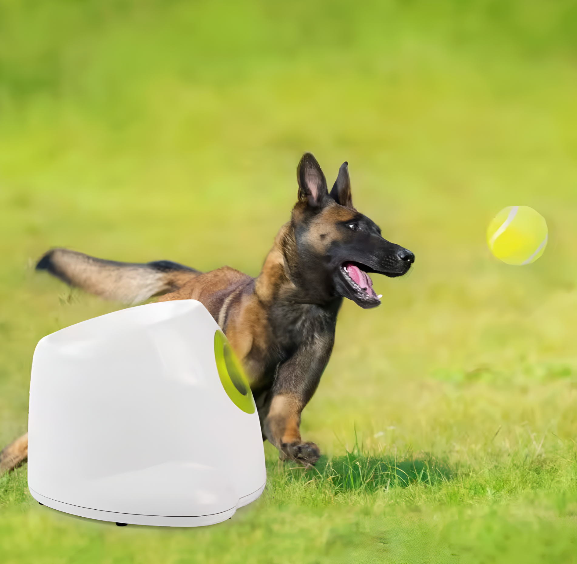 Dog running with a tennis ball in a grassy field, with a white device on the ground.