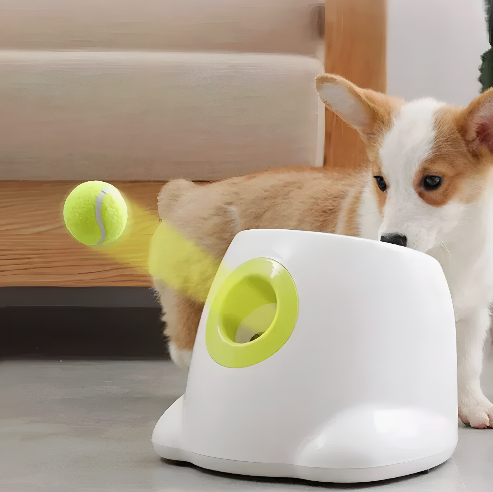 Dog playing with a toy dispenser and a tennis ball in a living room setting.
