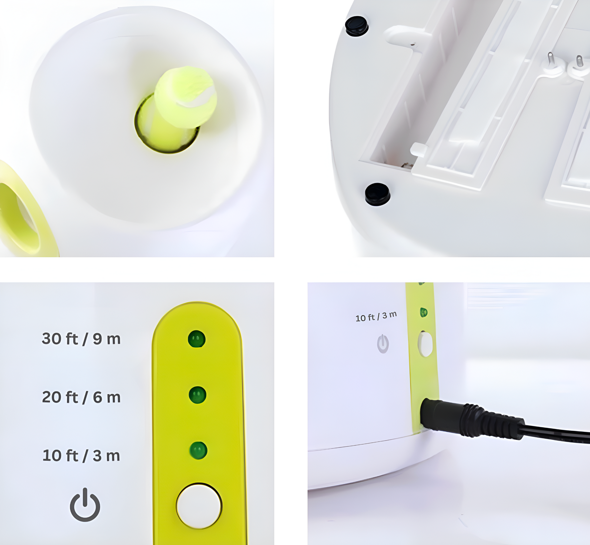 Close-up of a white electronic device with green accents and measurement labels on a white background.