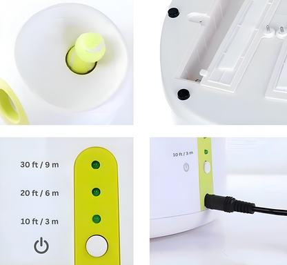 Close-up of a white electronic device with green accents and measurement labels on a white background.