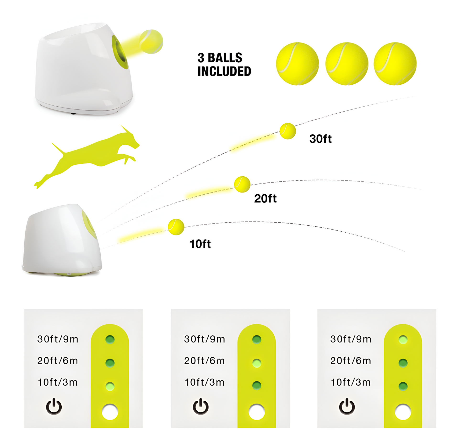 Dog toy with tennis balls and distance measurement chart on a white background