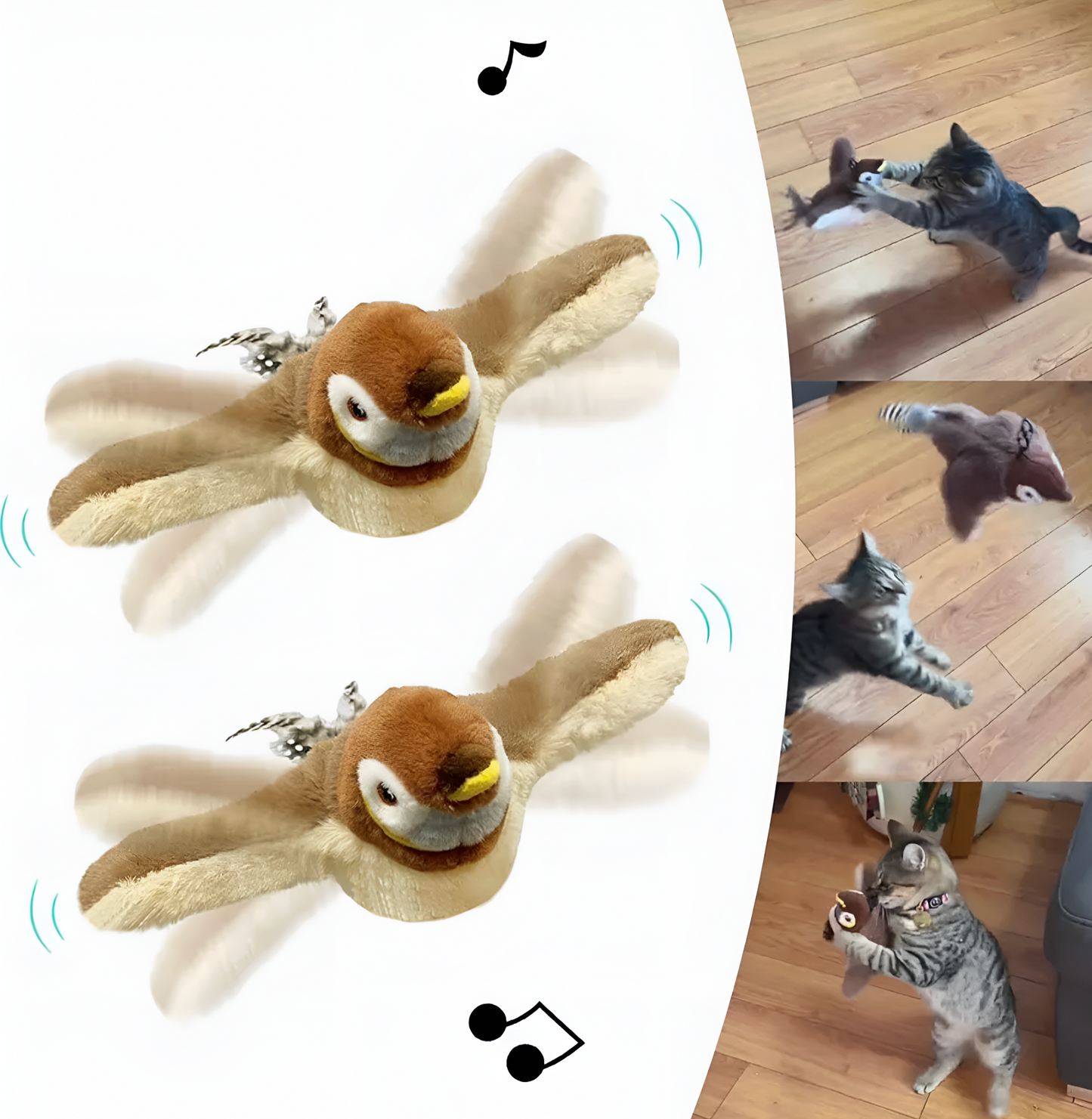 Collage of a plush bird toy with music notes and a cat playing with it on a wooden floor.
