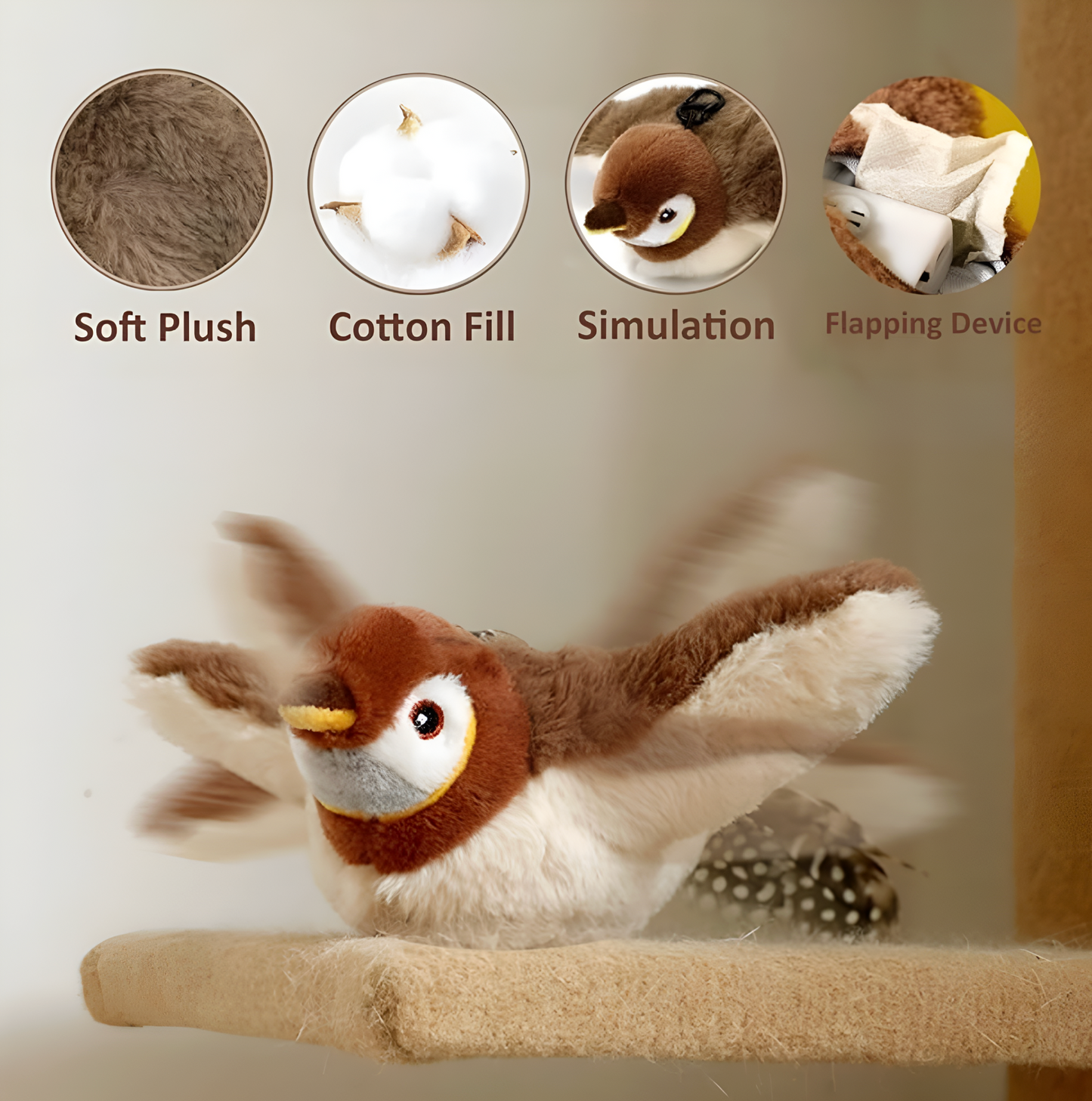 Plush bird toy with features labeled on a beige background
