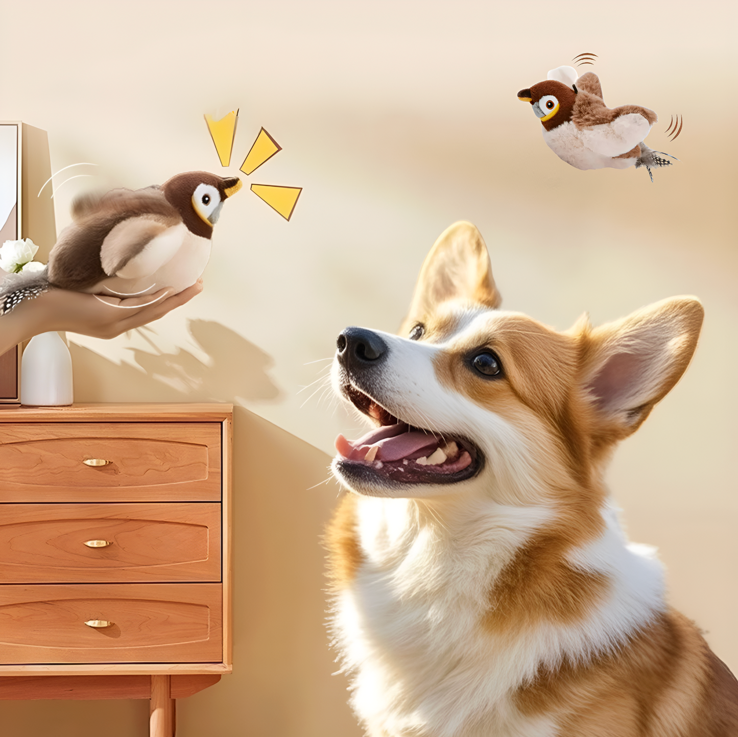 Dog looking at cartoon birds near a wooden cabinet