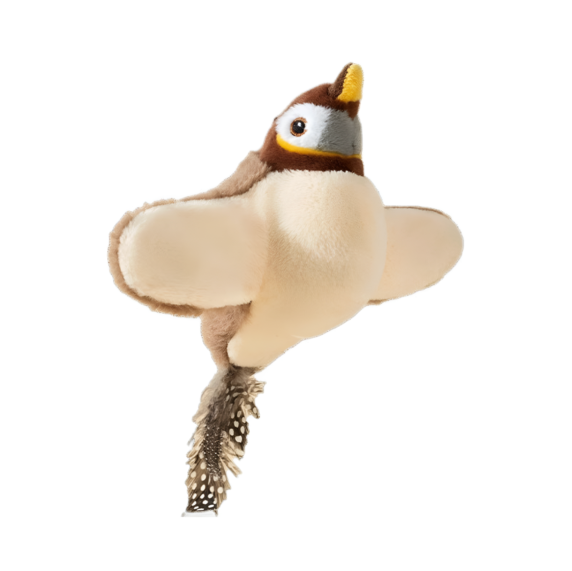 Plush toy resembling a bird on a white background