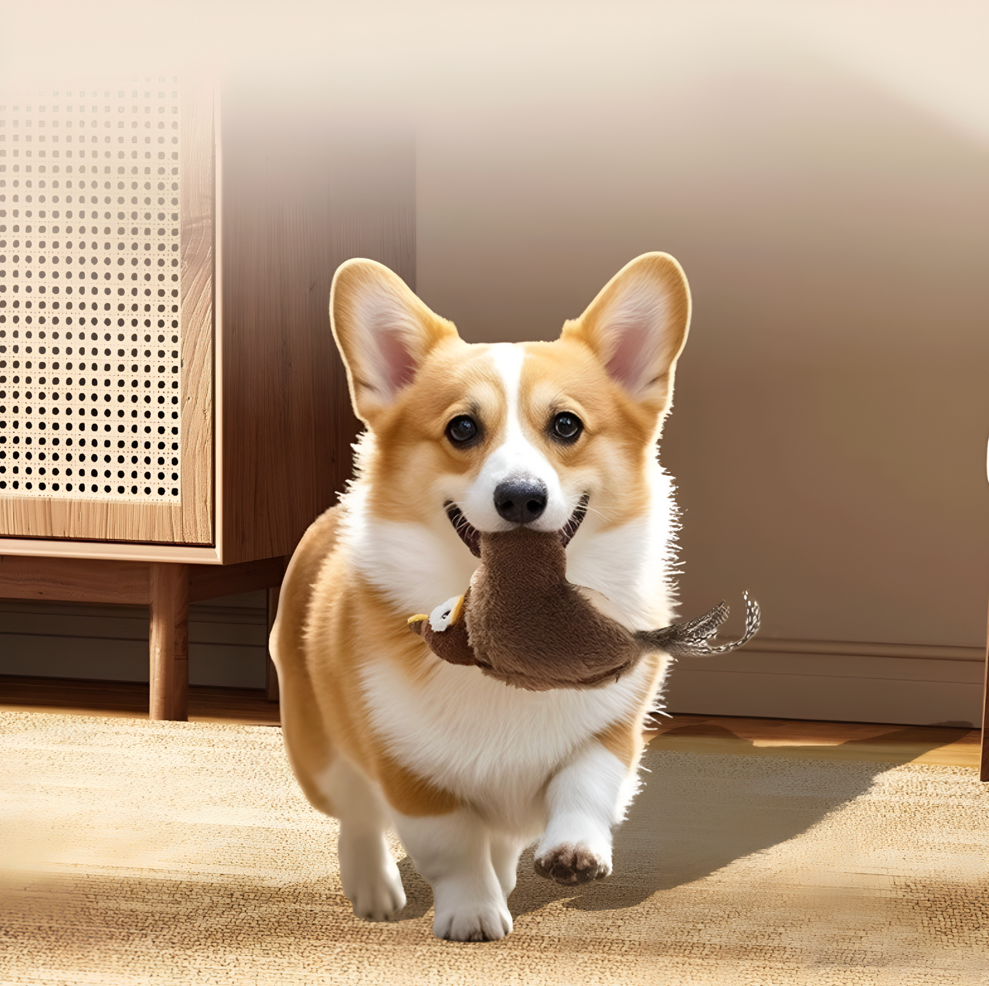 Corgi dog holding a toy indoors with a neutral background