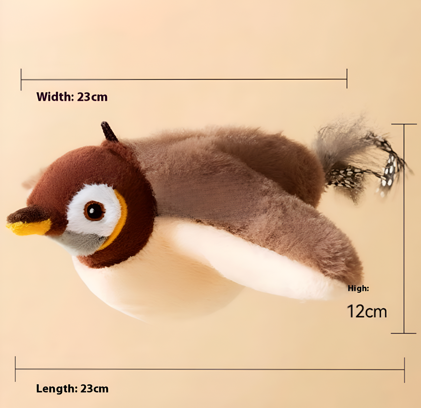 Plush toy penguin with measurements on a beige background