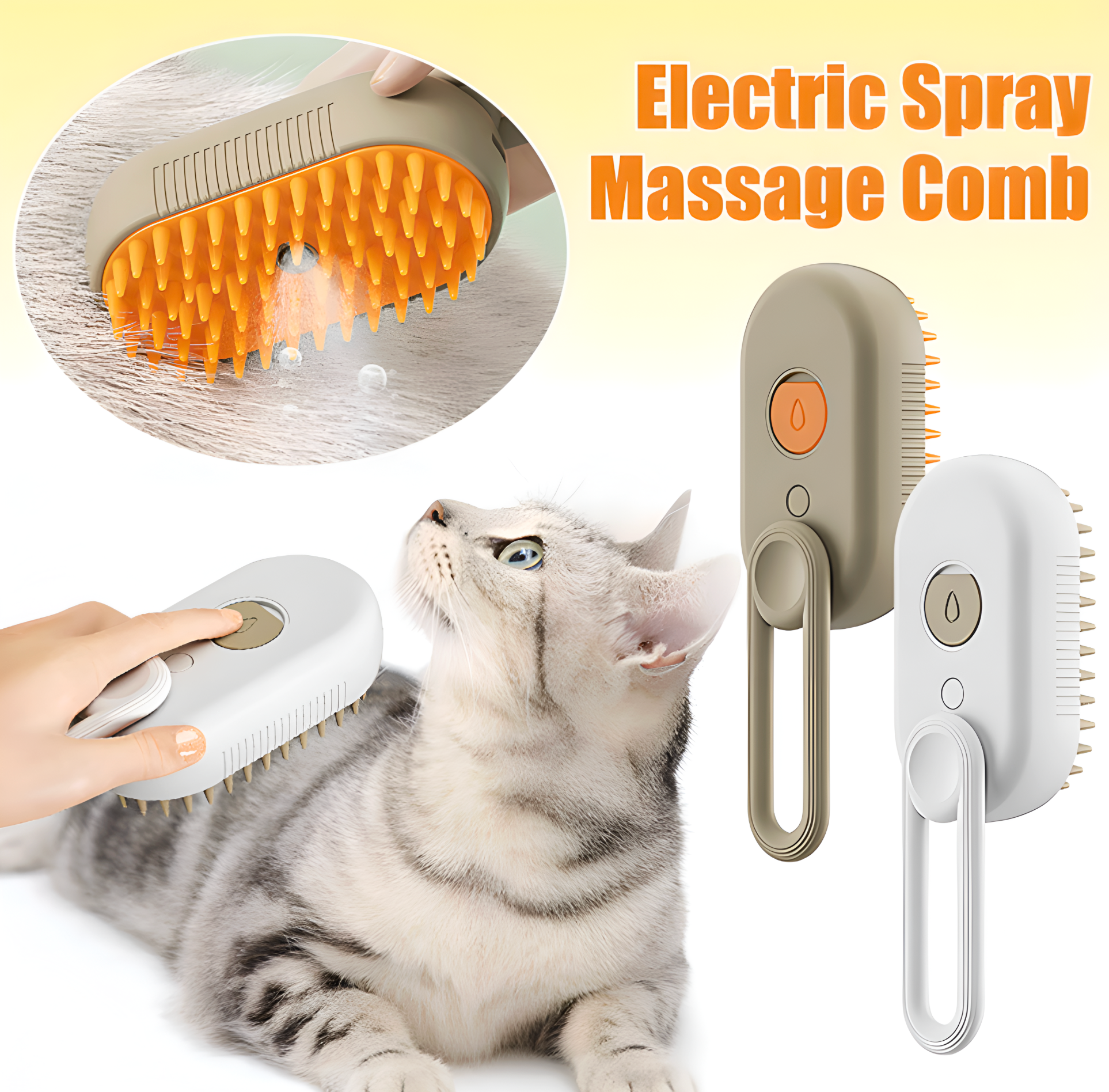 Electric spray massage comb with a close-up of the bristles and a cat being groomed.
