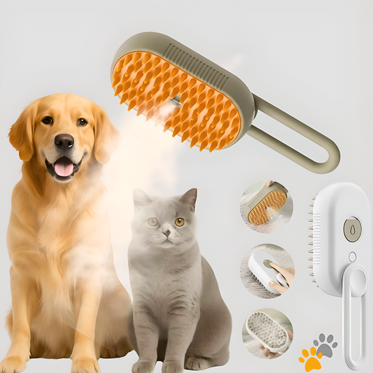 Pet grooming brush with a dog and cat on a light gray background