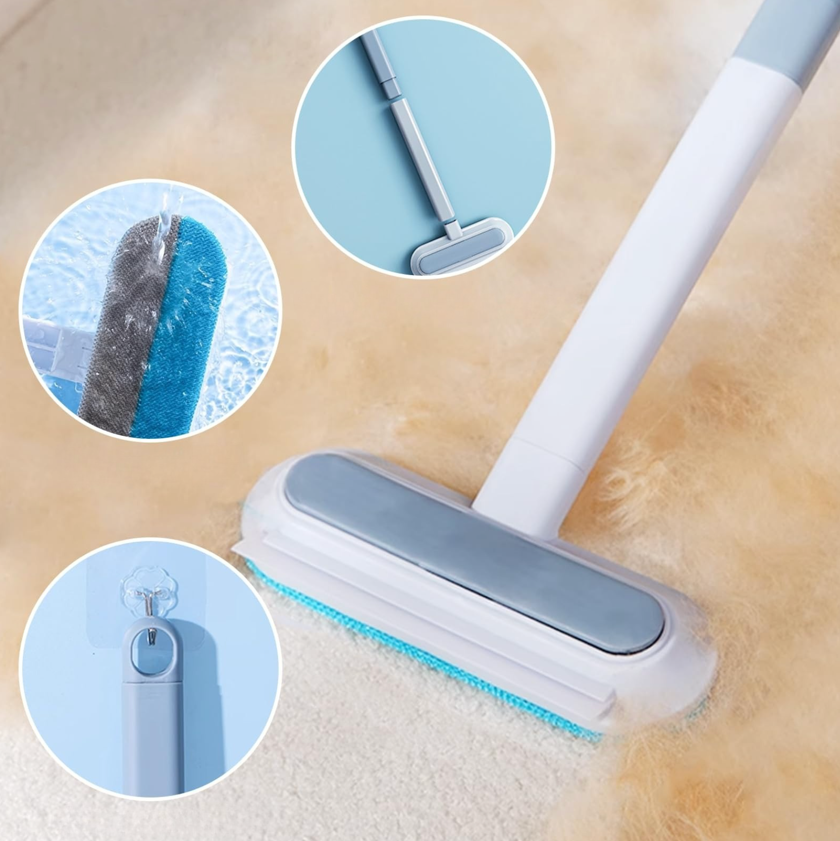 Cleaning tool with close-up insets on a beige carpet