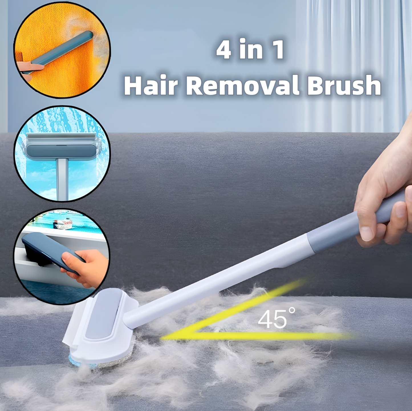4-in-1 hair removal brush cleaning a surface with text and insets showing its use.