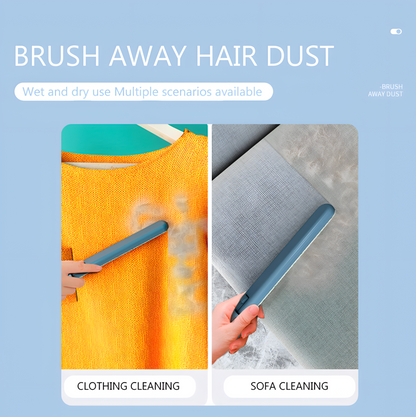 Cleaning tool being used on clothing and sofa with text 'Brush Away Hair Dust' on a blue background.